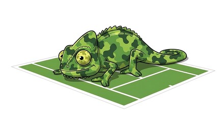 Camouflage Chameleon on Tennis Court Whimsical Illustration