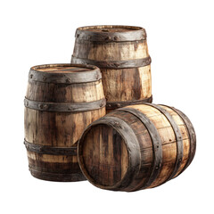 Obraz premium Three wooden barrels arranged against a white background representing aged products for beverages
