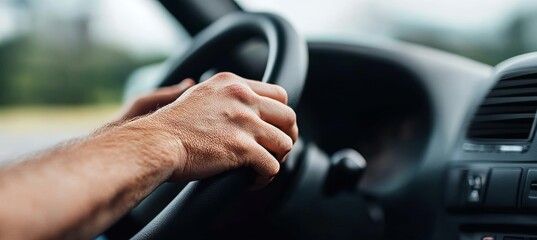 Focused Driver Behind the Wheel on a Scenic Road, Ready for a Memorable Adventure Ahead