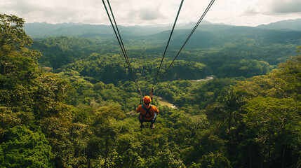 A zipliner gliding over a dense jungle canopy with a panoramic view of mountains and rivers