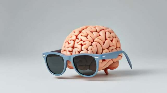 Brain wearing sunglasses. The sunglasses are blue and black. The brain is the main focus of the image