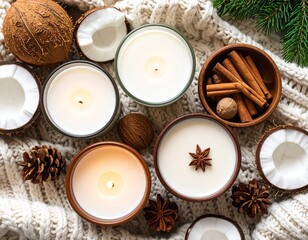 Aromatic Candlelight: A top-down, inviting image featuring softly lit candles nestled among cinnamon sticks, star anise, and coconut, evoking a sense of warmth and tranquility.