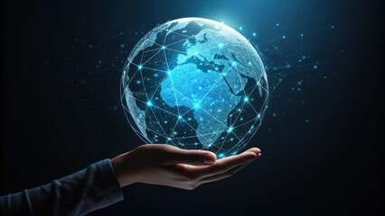 A hand gently cradles a glowing digital globe connected by a network of luminous lines and nodes symbolizing global connectivity and technology