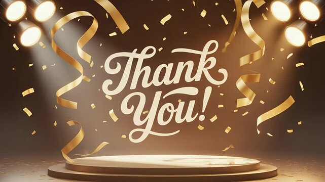 Elegant Gratitude Display: A gracefully lettered "Thank You!" amidst confetti and ribbons, on a luminous stage with soft spotlight. - Powered by Adobe