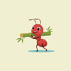 Cartoon Red Ant Carrying Bamboo Stick in Nature Scene
