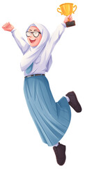 Happy Hijab Girl Holding Trophy Illustration