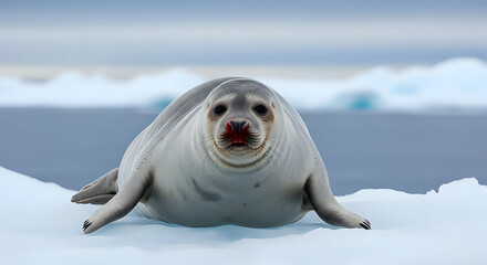 A weddell seal resting on an ice floe with the ocean and distant icebergs in the background scene view