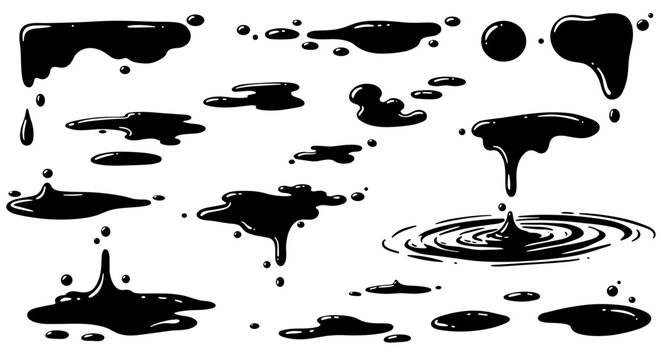 Collection of vector illustrations showing various shapes and forms of black liquid spills, drips, and puddles isolated on a clean white background for design elements.