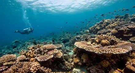 Fototapeta premium Diver Exploring Coral Reef Underwater Scene