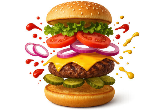 Delicious flying burger isolated on transparent background, no gravity concept.