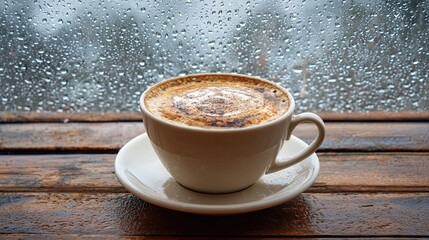 Hot cappuccino in white cup on wet wooden table near rainy window with water drops and cozy atmosphere