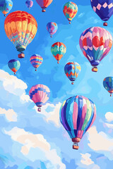 Naklejka premium Colorful Hot Air Balloons Soaring in a Clear Blue Sky with Fluffy Clouds on a Sunny Day