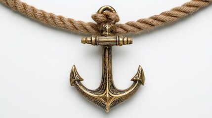 Vintage metal anchor tied with thick brown rope isolated on white background in nautical themed design © Ksu_Sha