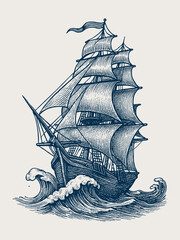 Sailing ship on waves vintage engraving style vector illustration © Victoria