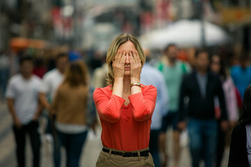 A woman stands in the middle of a crowded street, covering her eyes with her palms. The world moves...