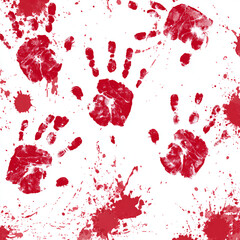 red bloody hand prints. Horror and dirty red palm for halloween decoration. Scary elements with stain, splatter and streams isolated on white