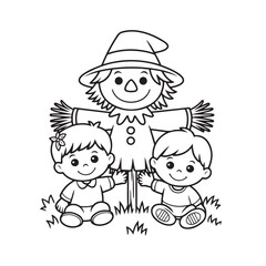 Smiling Scarecrow in Pumpkin Field – Cute Autumn Coloring Page for Kids, scarecrow coloring page, pumpkin patch coloring, autumn coloring page kids, thanksgiving scarecrow printable, victor art 