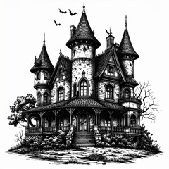 Spooky Haunted House Black And White Illustration
