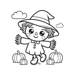 Smiling Scarecrow in Pumpkin Field – Cute Autumn Coloring Page for Kids, scarecrow coloring page, pumpkin patch coloring, autumn coloring page kids, thanksgiving scarecrow printable, victor art 