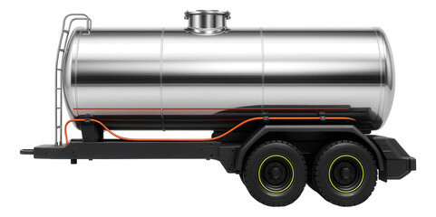Stainless steel tanker lorry with visible grounding cable and spill containment