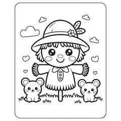 Naklejka premium Smiling Scarecrow in Pumpkin Field – Cute Autumn Coloring Page for Kids, scarecrow coloring page, pumpkin patch coloring, autumn coloring page kids, thanksgiving scarecrow printable, victor art 