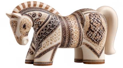 A decorative ceramic horse figurine with brown patterns isolated on white