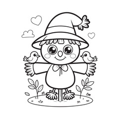 Smiling Scarecrow in Pumpkin Field – Cute Autumn Coloring Page for Kids, scarecrow coloring page, pumpkin patch coloring, autumn coloring page kids, thanksgiving scarecrow printable, victor art 