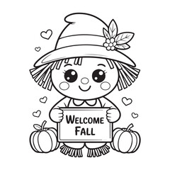 Smiling Scarecrow in Pumpkin Field – Cute Autumn Coloring Page for Kids, scarecrow coloring page, pumpkin patch coloring, autumn coloring page kids, thanksgiving scarecrow printable, victor art 