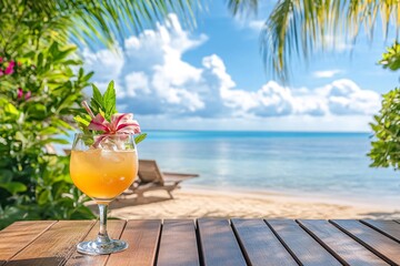 Tropical Drink on a Wooden Deck Overlooking the Ocean Horizon