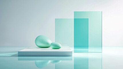 Minimalist still life with mint-green stones and transparent glass panels on a white background, showcasing modern balance and serene design aesthetics.