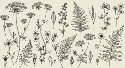 Vintage-style botanical illustration featuring finely detailed black ink drawings of wildflowers and ferns on a beige background, perfect for antique or nature-themed designs.	