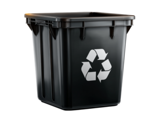 A close-up shot of a black recycling bin featuring recycle logo, isolated on a white background