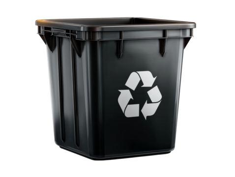 A close-up shot of a black recycling bin featuring recycle logo, isolated on a white background - Powered by Adobe