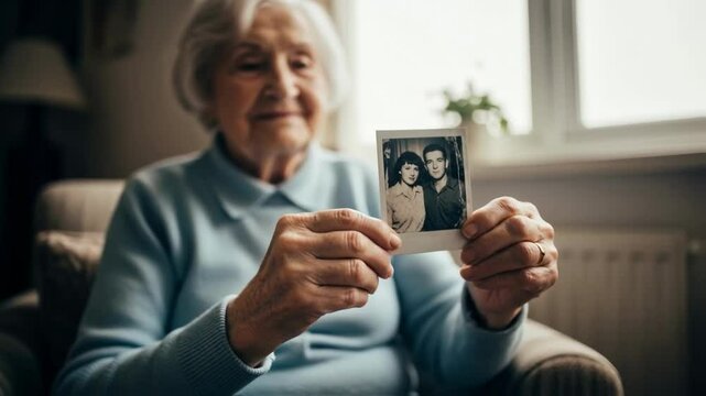 An elderly woman gently smiles while holding a vintage photo of herself and her husband, a touching moment of nostalgia, enduring love, and reflecting on cherished memories