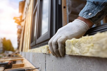 Worker installing thermal insulation around window on a construction site