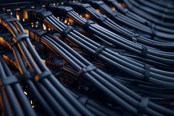 Interconnected Black Servers and Cables Create a Web of Digital Infrastructure Generative AI
