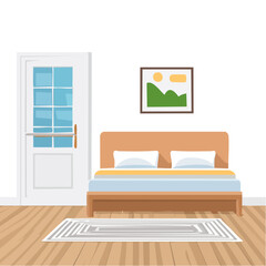 Cozy Bedroom Interior with Door and Bed, Nighttime Scene