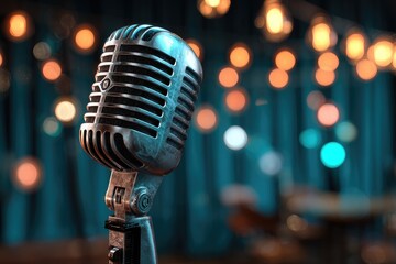 Vintage microphone in a dimly lit room with warm lights