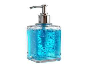 A transparent square dispenser filled with vibrant blue liquid soap, featuring a chrome pump. isolated on a white background