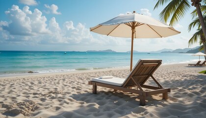 A beach chair reclined under a parasol at a beautiful tropical beach