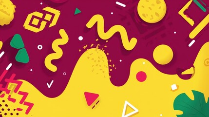 Vibrant abstract design featuring colorful geometric shapes and patterns on a yellow background