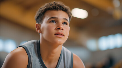 Young basketball player catching breath in gym during game
