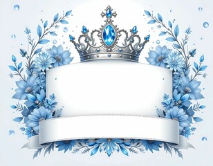Blue and silver vintage frame with ribbon decoration, perfect for a floral invitation card or ornate label design
