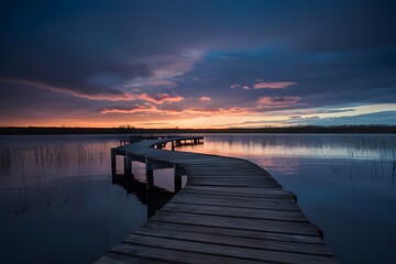 Obraz premium Sunset view over a calm wooden pier extending into the lake with vibrant sky and peaceful water horizon