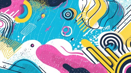 Vibrant abstract design featuring colorful shapes and patterns against a blue background