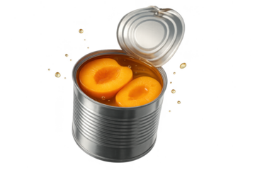 Canned peaches halves in syrup isolated on transparent background, metallic can