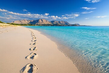 Footprints Leading to the Water on a Smooth Sandy Beach