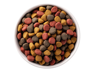 A close-up shot of a vibrant bowl filled with a mix of colorful pet food kibble, isolated on a white background