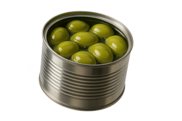 Green olives in an open tin can, isolated on transparent background, shiny and delicious