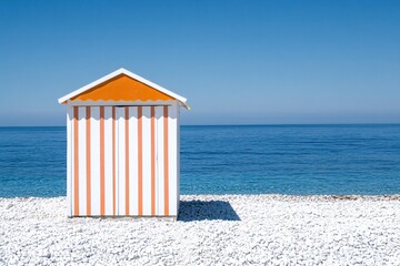 Beach Hut with Striped Roof by the Calm Sea